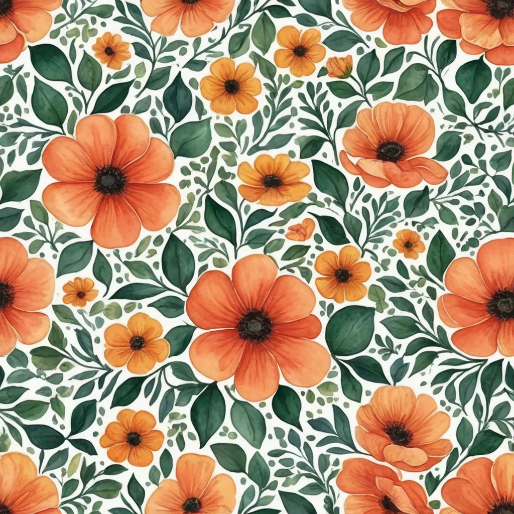 a floral pattern with orange flowers and green leaves on a white background, with a green stem and leaves on the bottom, arts and crafts movement, a watercolor painting, Annabel Kidston, in gouache detailed paintings