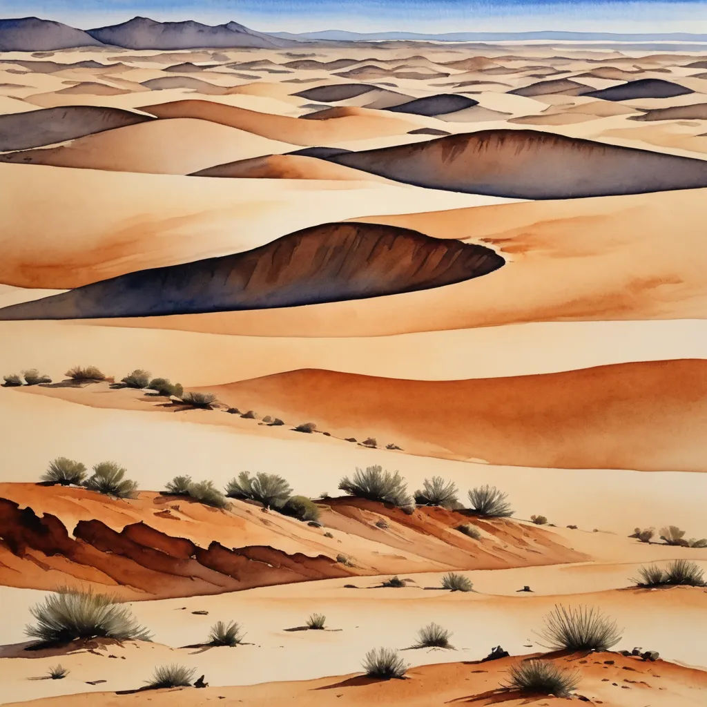 a painting of a desert with sand dunes and trees in the distance and a blue sky in the background, metaphysical painting, an airbrush painting, David A Hardy, desert