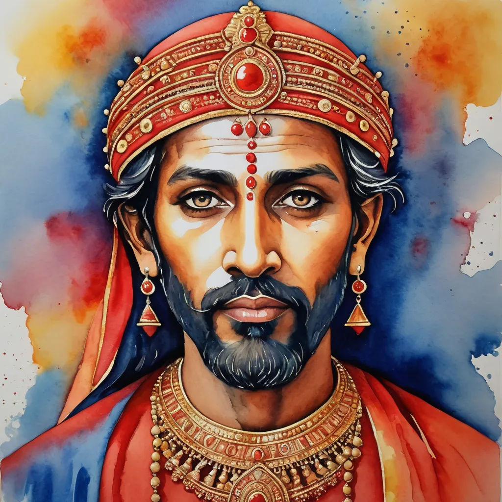 a painting of a man wearing a red outfit and a gold crown with a red and blue background and a red and yellow background, samikshavad, a detailed painting, Bholekar Srihari, detailed painting