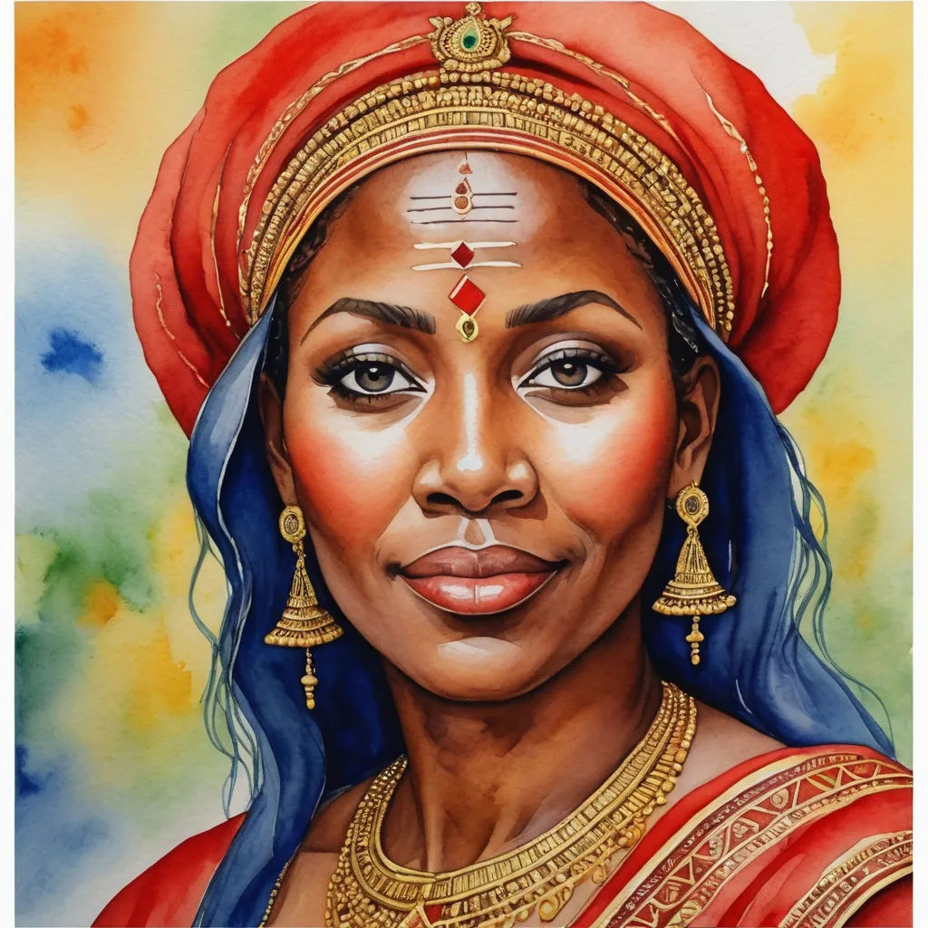 a painting of a woman wearing a red headdress and a gold necklace and earrings with a red turban, figurative art, a watercolor painting, Chinwe Chukwuogo-Roy, highly detailed portrait