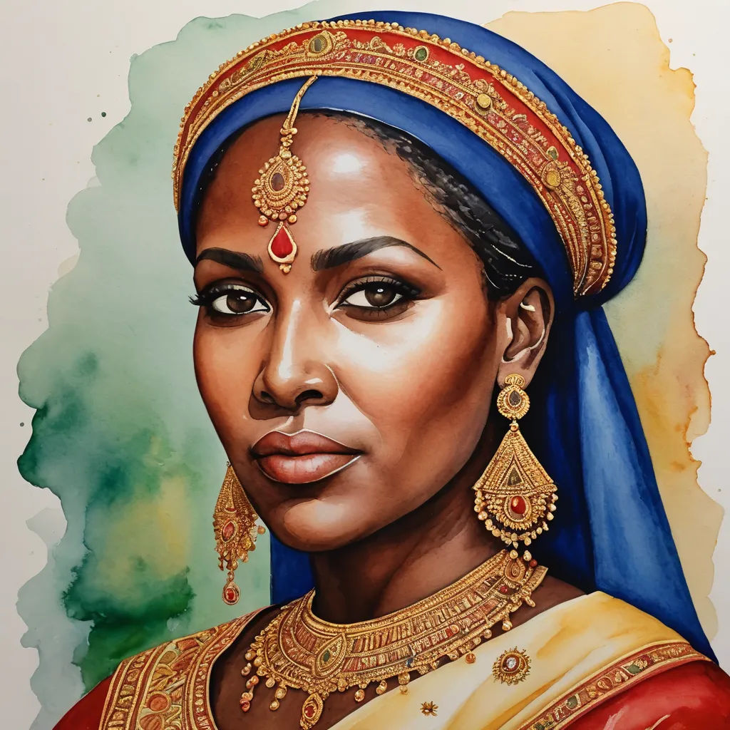 a painting of a woman wearing a blue headdress and a red and gold necklace and earrings, with a green background, figurative art, a watercolor painting, Dulah Marie Evans, in gouache detailed paintings