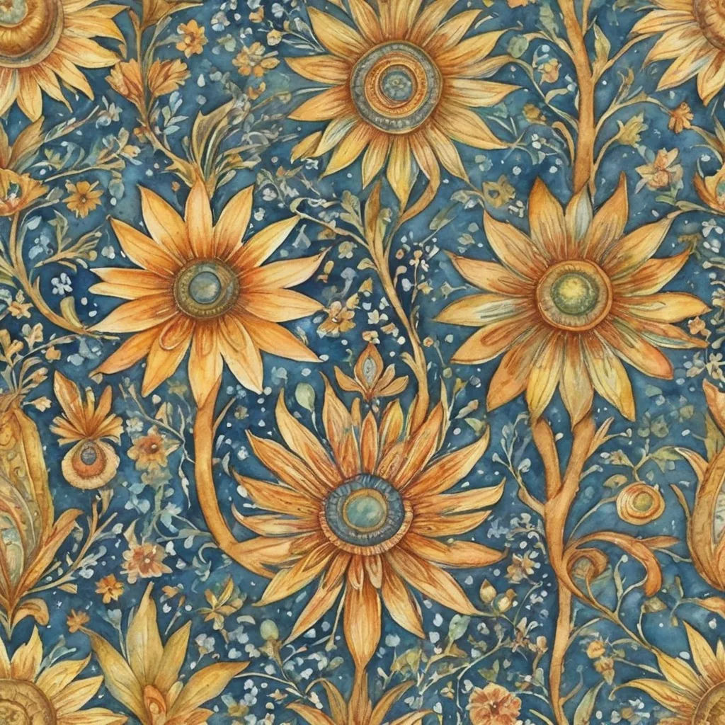 a painting of sunflowers on a blue background with gold accents and leaves and flowers on the bottom, qajar art, a detailed painting, Charles Maurice Detmold, book cover