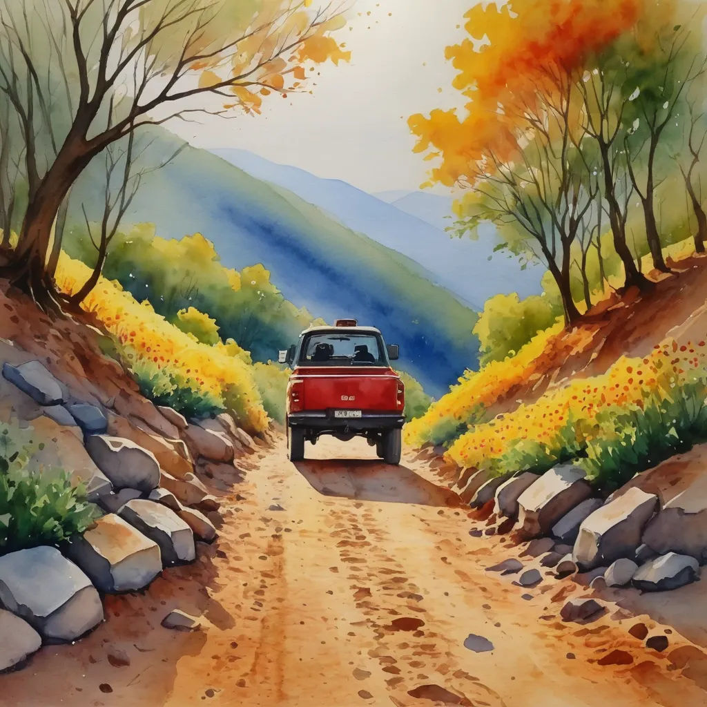 a painting of a red truck driving down a dirt road with trees and flowers on both sides of the road, american scene painting, a watercolor painting, David Martin, watercolor