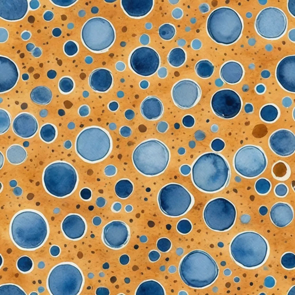 a painting of blue and brown circles on a yellow background with a brown background and a black border with a white border, kinetic pointillism, an ultrafine detailed painting, Chris LaBrooy, paper texture