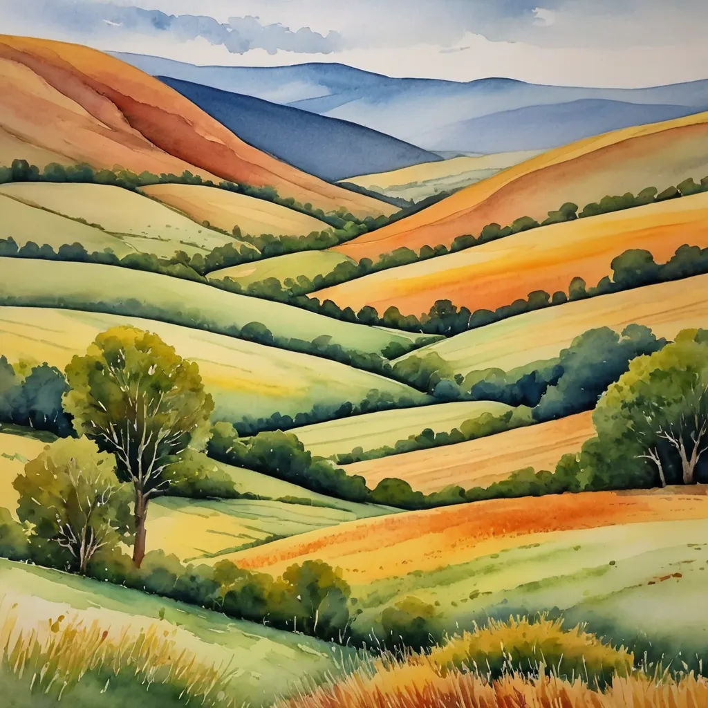 a painting of a hilly landscape with trees and hills in the background, painted with acrylic paint, american scene painting, a watercolor painting, Carol Sutton, landscape