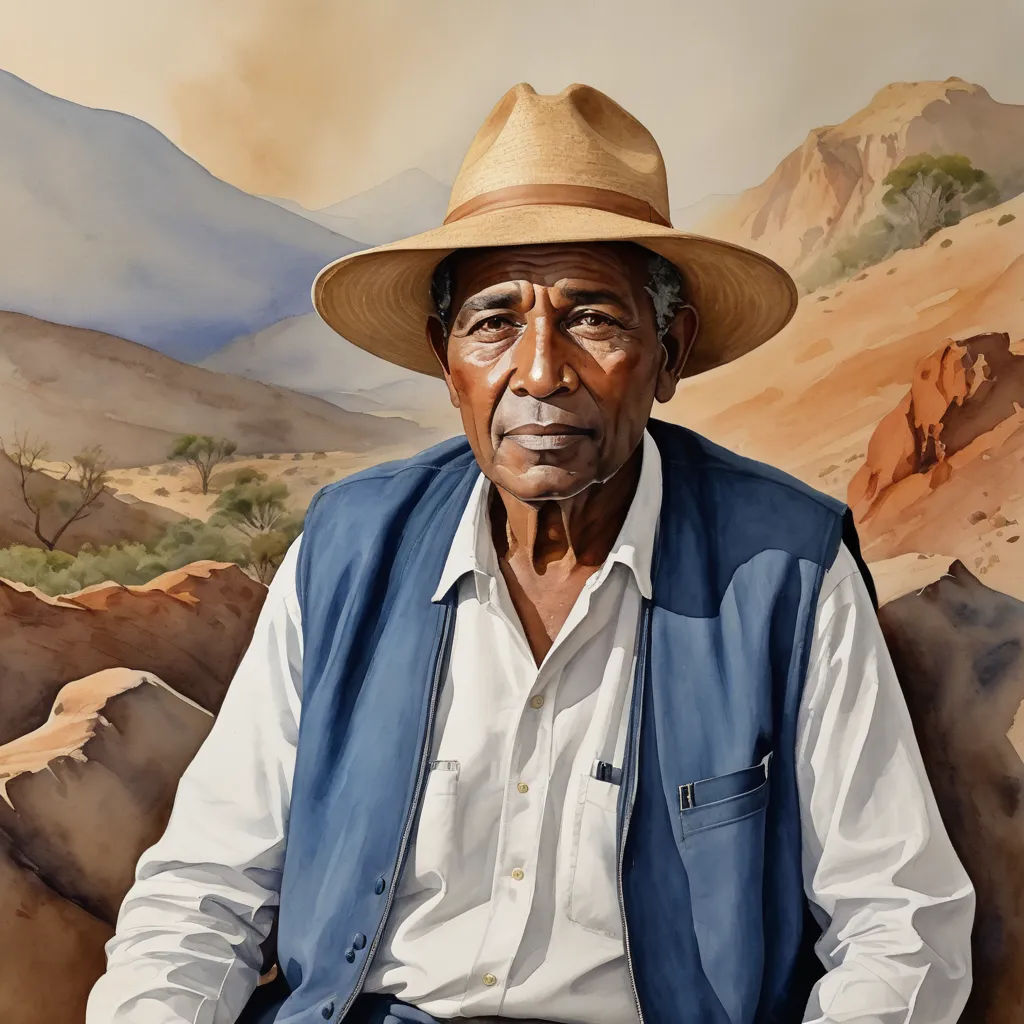 a painting of a man wearing a hat and vest sitting in front of a painting of mountains and trees, figurative art, a photorealistic painting, Bhupen Khakhar, professional digital painting