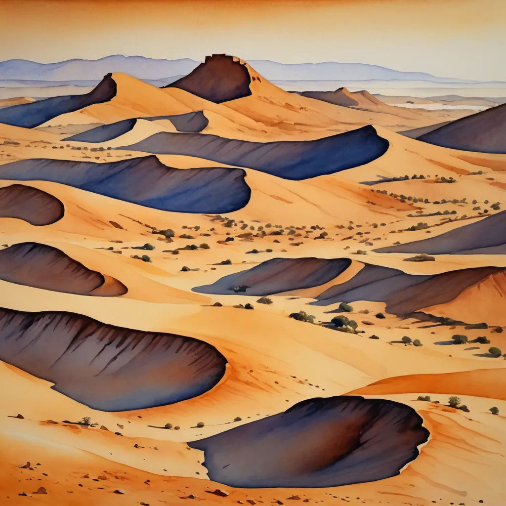 a painting of a desert with sand dunes and trees in the distance and a mountain range in the distance, american scene painting, an airbrush painting, Ernst Thoms, desert