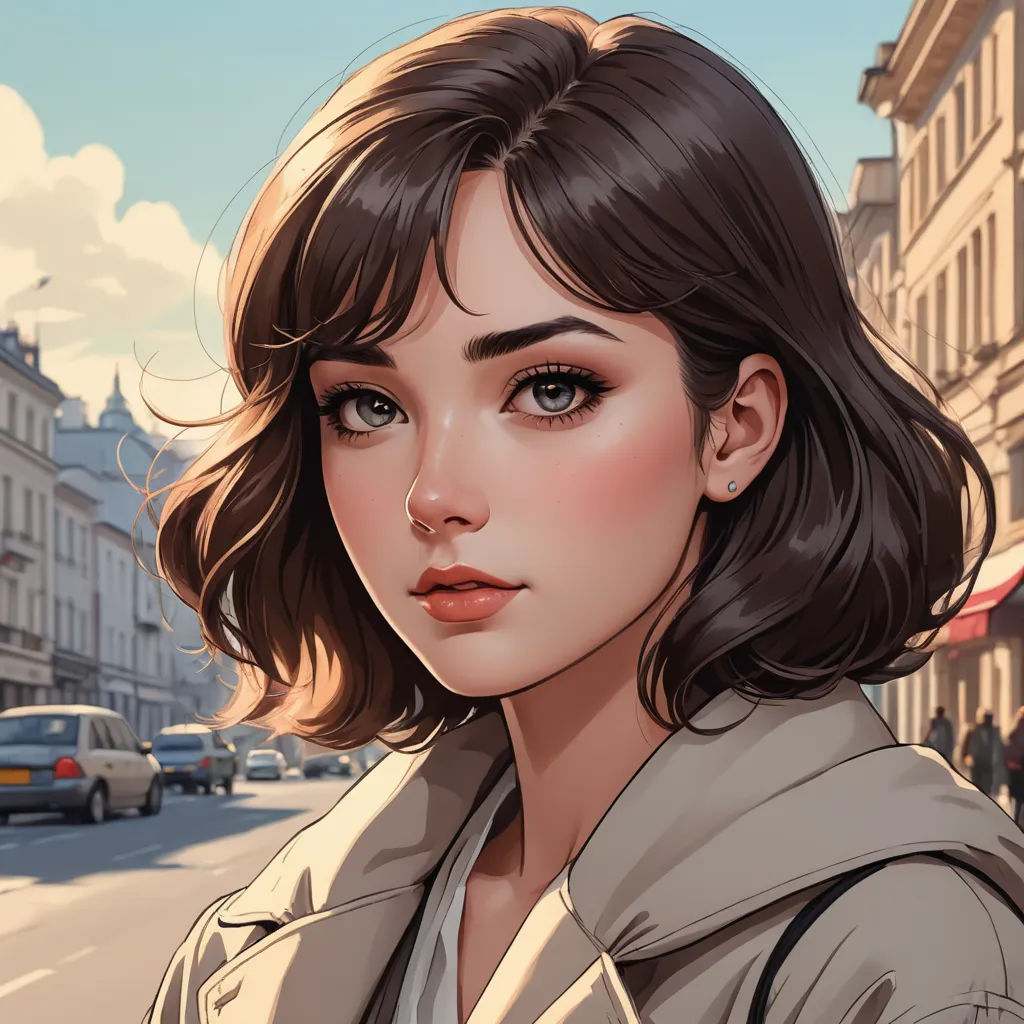 a woman with a brown jacket on a city street with cars and buildings in the background and a blue sky, fantasy art, a detailed painting, Artgerm, stanley artgerm lau