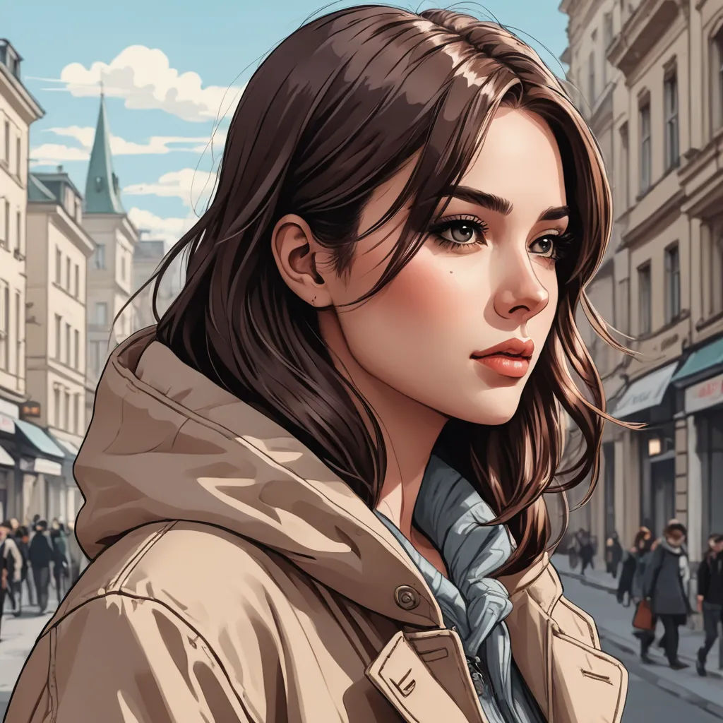 a woman in a trench coat is looking at the camera while standing on a street corner with people walking by, photorealism, a detailed painting, Artgerm, trending on art station