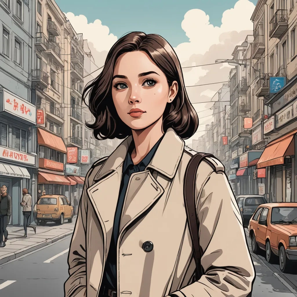 a woman in a trench coat is standing on a street corner with a car in the background and a man in a suit and tie is standing behind her, serial art, a character portrait, Atey Ghailan, stanley artgerm lau