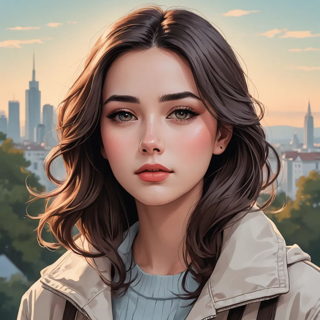 a painting of a woman with a city in the background and a sky line in the foreground, with a city in the background, american scene painting, a detailed painting, Alena Aenami, trending on art station