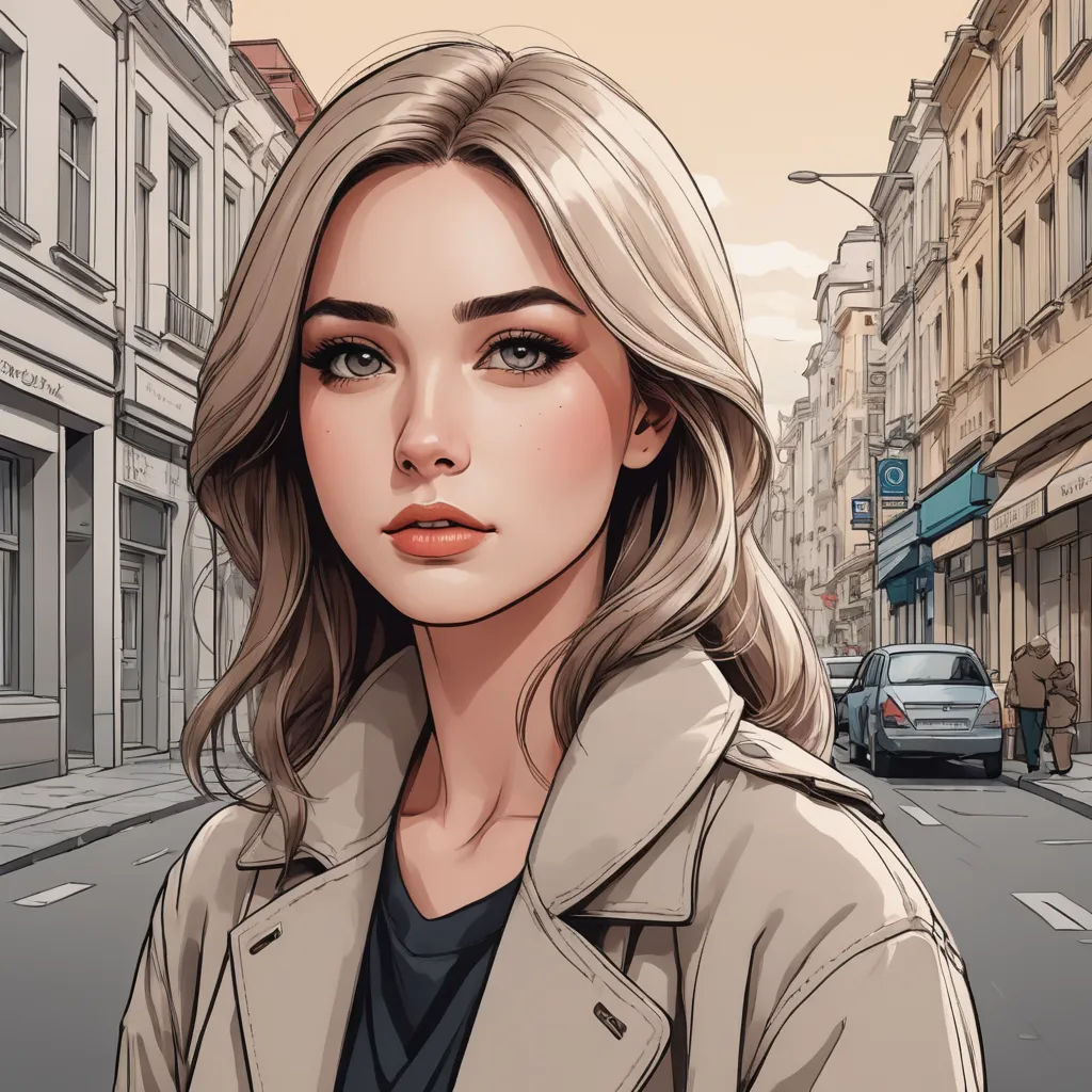 a woman in a trench coat is standing on a street corner with a car in the background and a building with a sign on the corner, fantasy art, a comic book panel, Alena Aenami, trending on art station