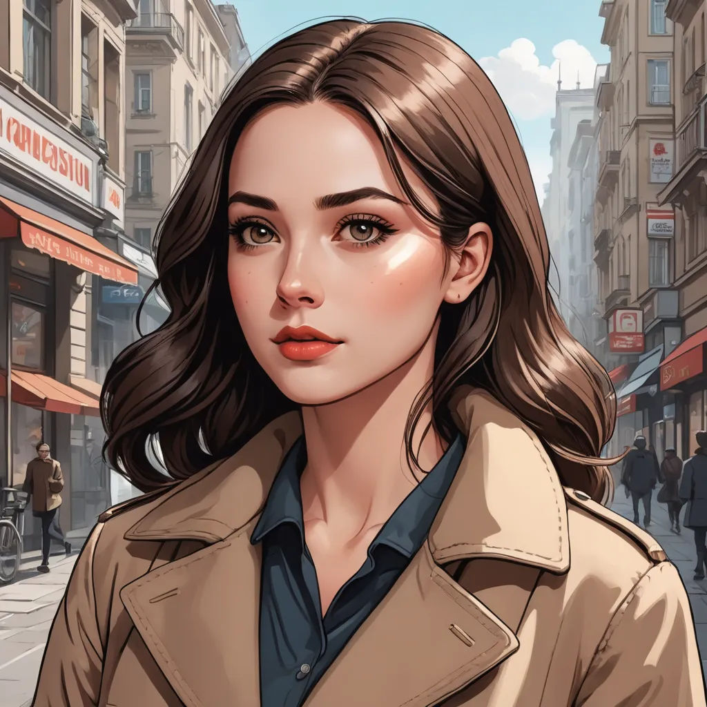 a woman in a trench coat is standing on a street corner with a city in the background and a man in a suit is standing on the sidewalk, fantasy art, a detailed painting, Artgerm, realistic shaded perfect face