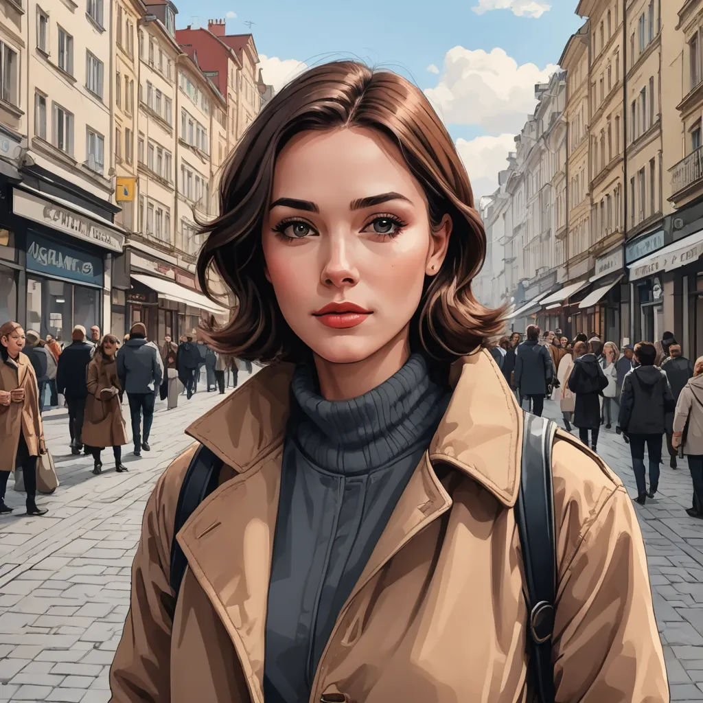 a woman in a trench coat is standing on a street corner with a crowd of people in the background, serial art, a detailed painting, Alena Aenami, trending on art station