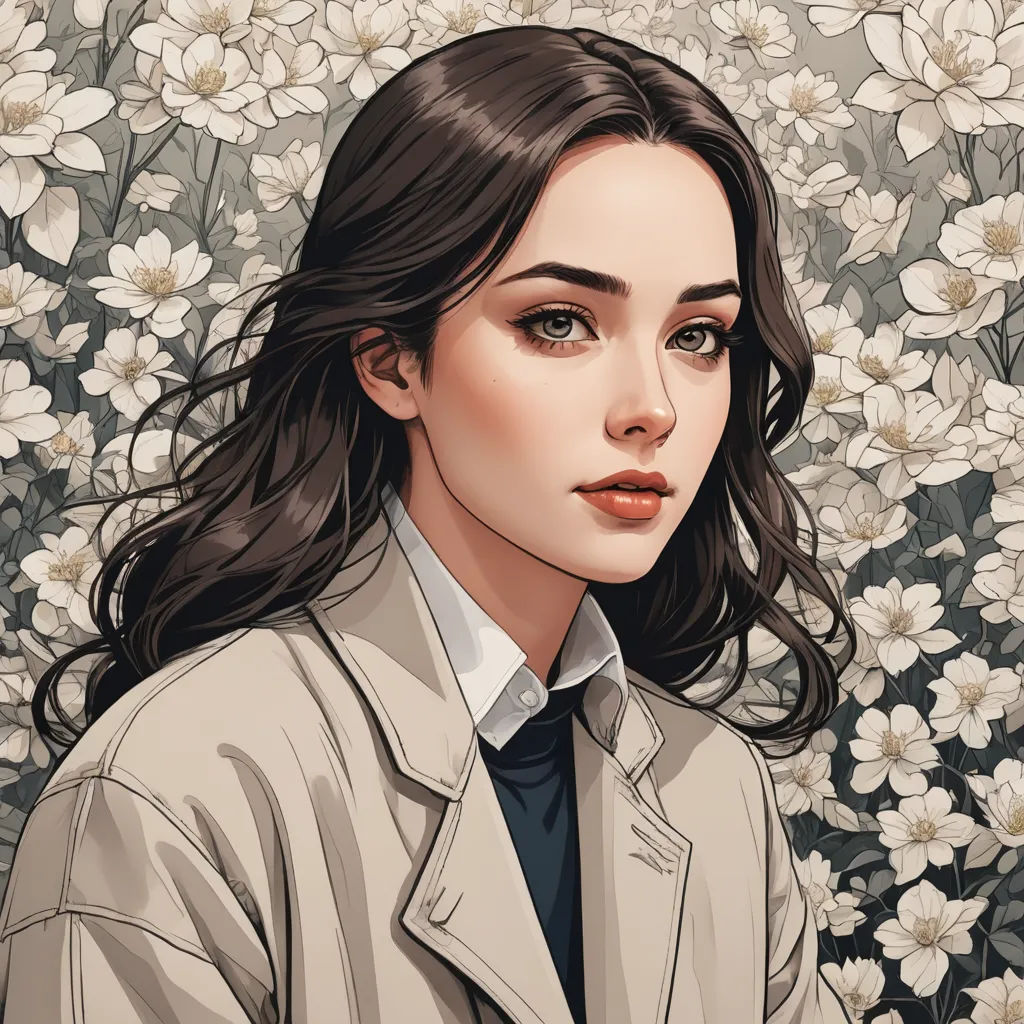 a woman in a trench coat and tie standing in front of flowers with a flowery background of white flowers, aestheticism, a detailed painting, Artgerm, trending on art station