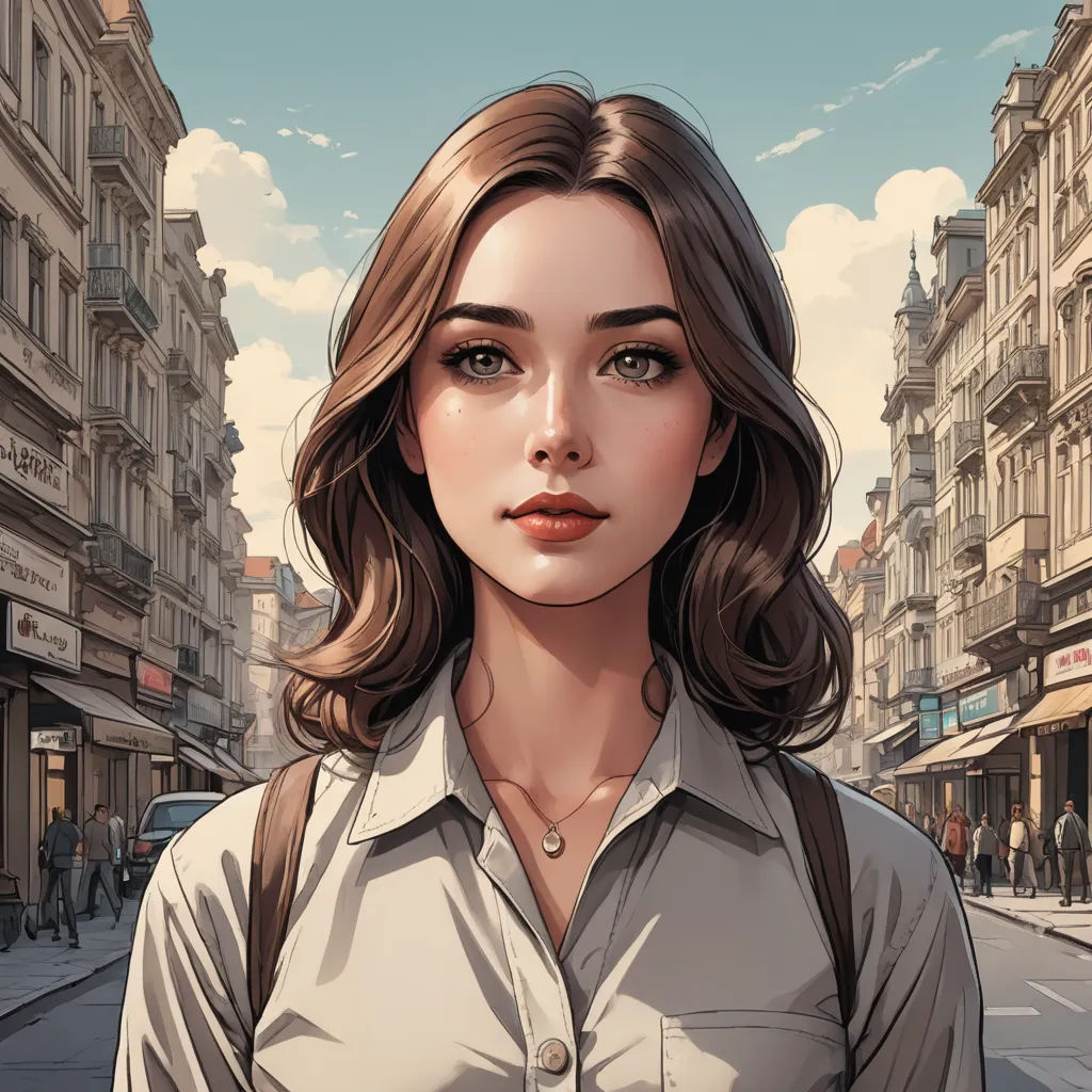 a woman standing on a street with a backpack on her shoulder and a city street in the background with buildings, photorealism, a comic book panel, Artgerm, stanley artgerm lau