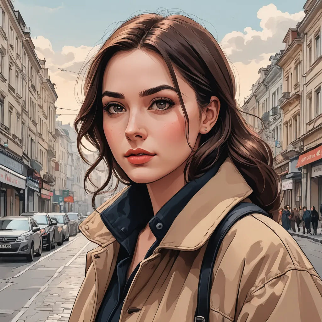 a woman in a trench coat is standing on a street corner with cars and buildings in the background and a man in the foreground, figurative art, a detailed painting, Alena Aenami, trending on art station
