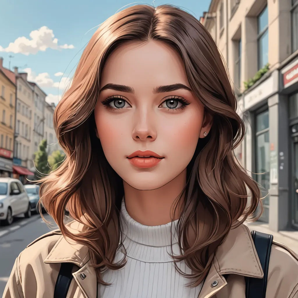 a digital painting of a woman in a city street with cars and buildings in the background, with a digital painting of a woman in a beige coat, photorealism, a photorealistic painting, Alena Aenami, realistic shaded perfect face