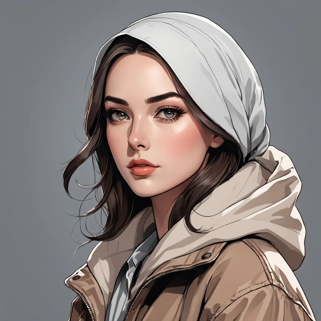 a woman with a scarf on her head and a jacket on her head, in a portrait style, with a gray background, photorealism, a detailed painting, Artgerm, stanley artgerm lau