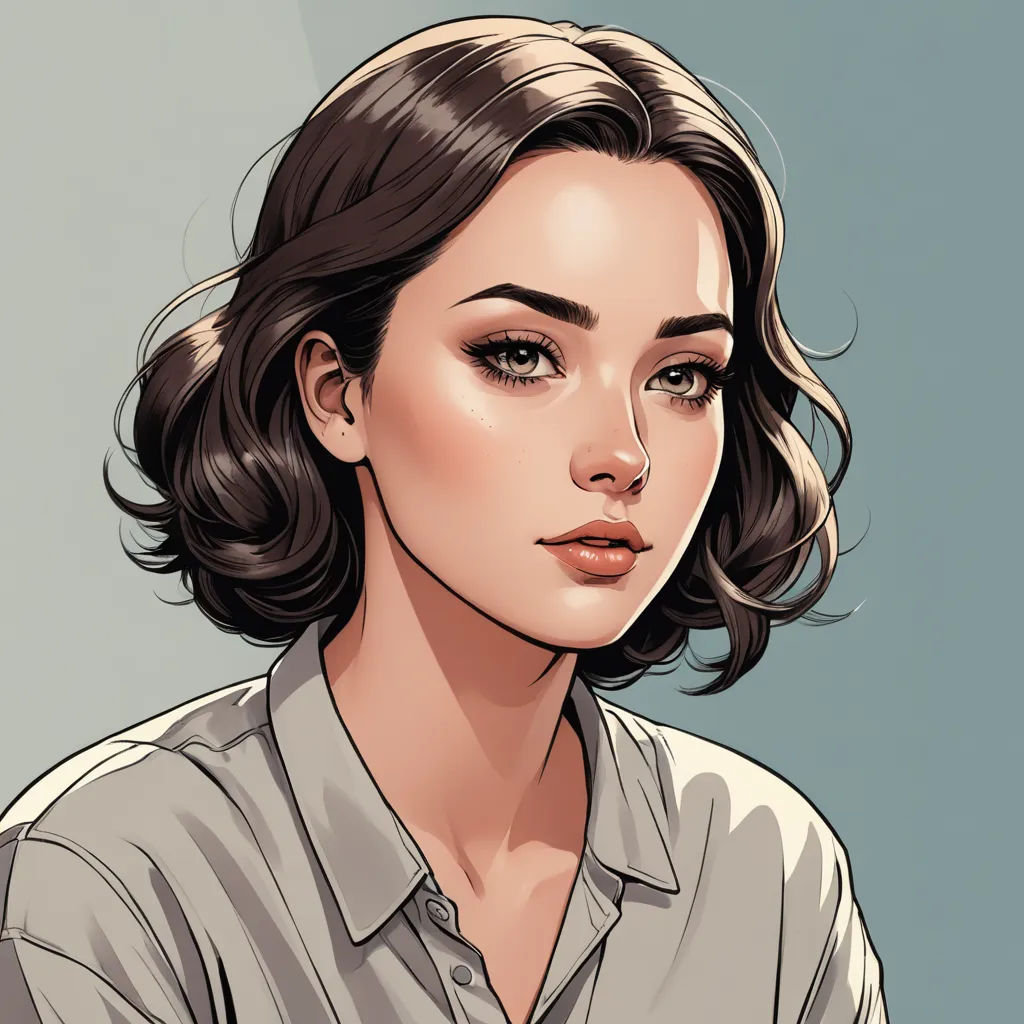 a woman with a gray shirt and a black hair is looking at the camera with a serious look on her face, academic art, a character portrait, Eve Ryder, realistic shaded perfect face