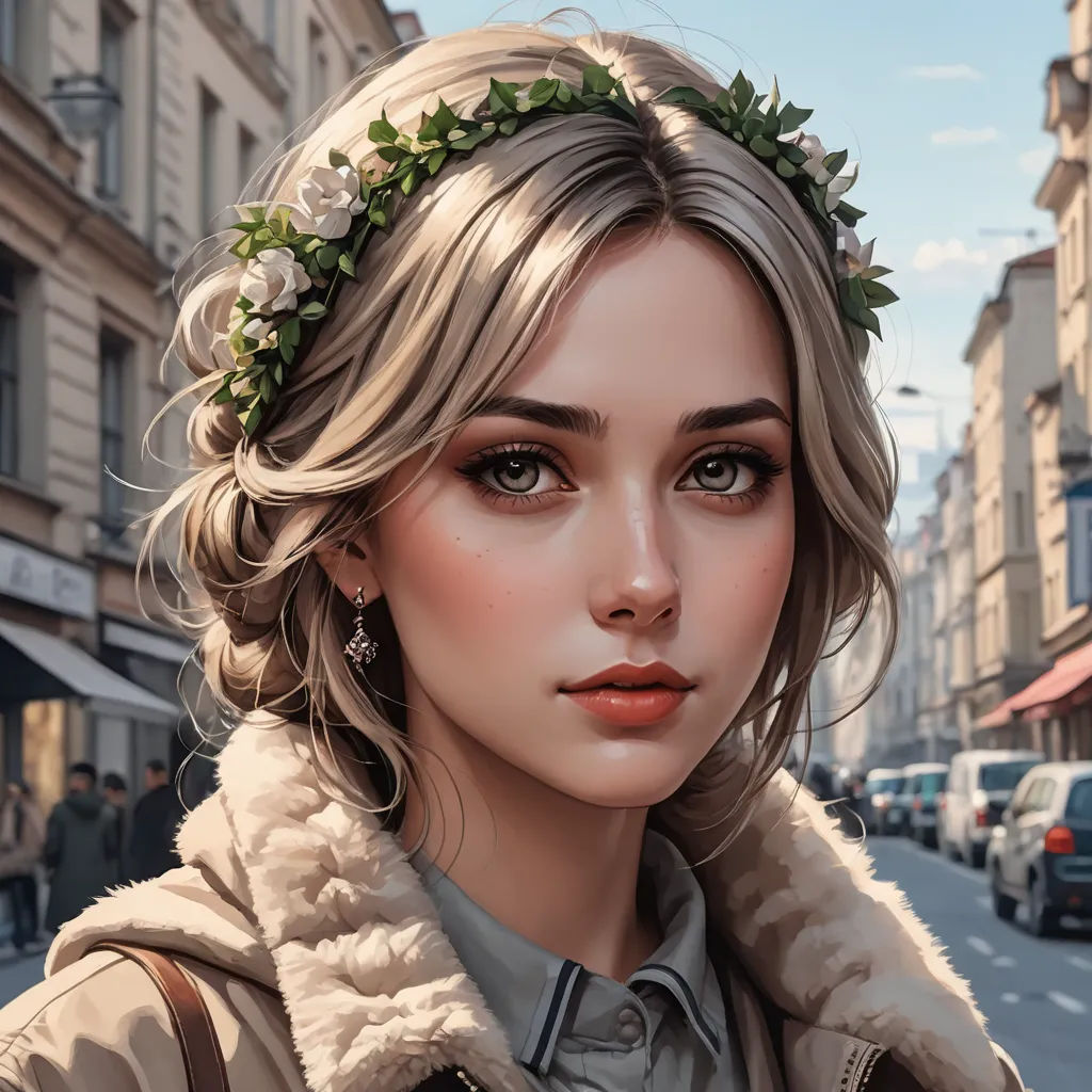 a woman with a flower crown on her head is standing on a street corner in a city with cars, fantasy art, a detailed painting, Artgerm, trending on art station