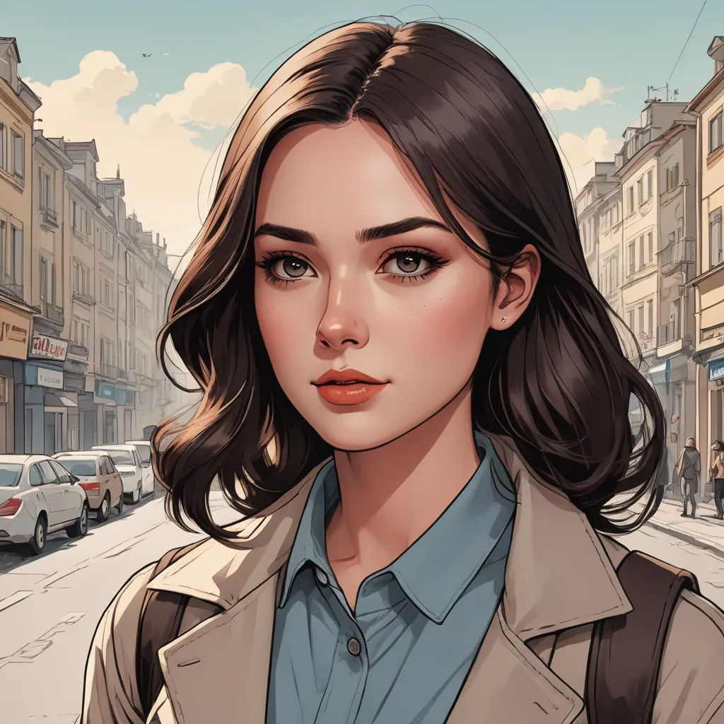 a woman with a brown jacket and blue shirt on a city street with buildings and cars behind her,, fantasy art, a detailed painting, Artgerm, trending on art station