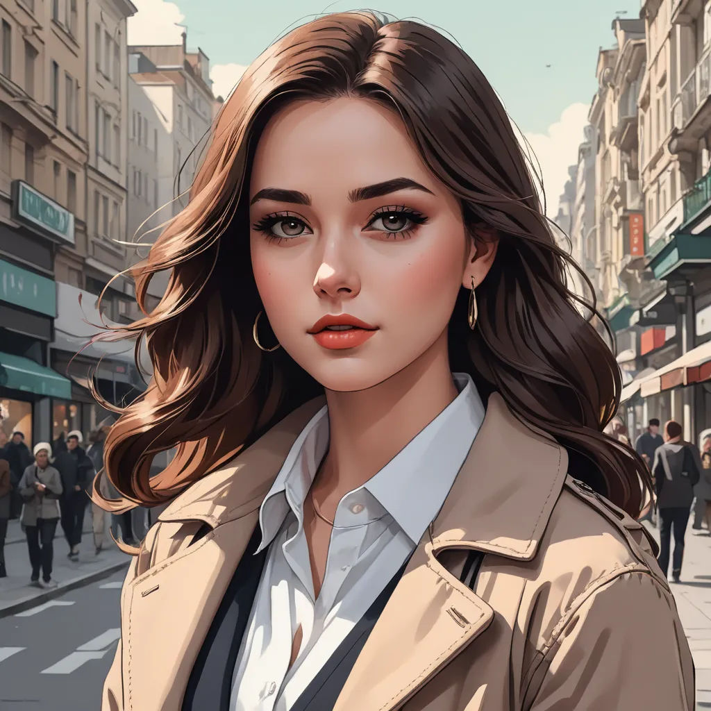 a woman in a trench coat is standing on a street corner with a city in the background and people walking on the sidewalk, fantasy art, a detailed painting, Alena Aenami, trending on art station