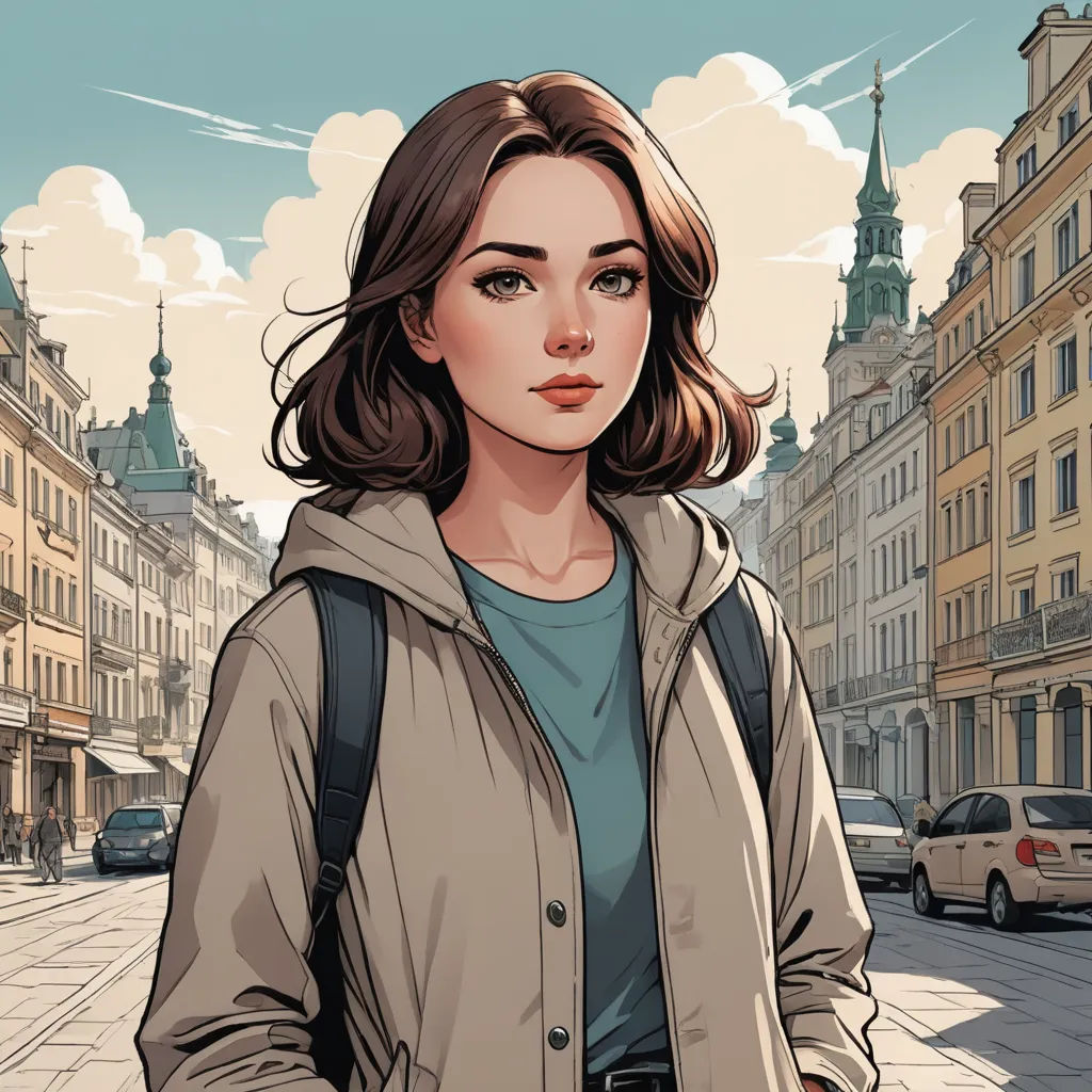 a woman in a jacket is standing on a street with a backpack on her shoulder and a city in the background, serial art, a comic book panel, Atey Ghailan, trending on art station