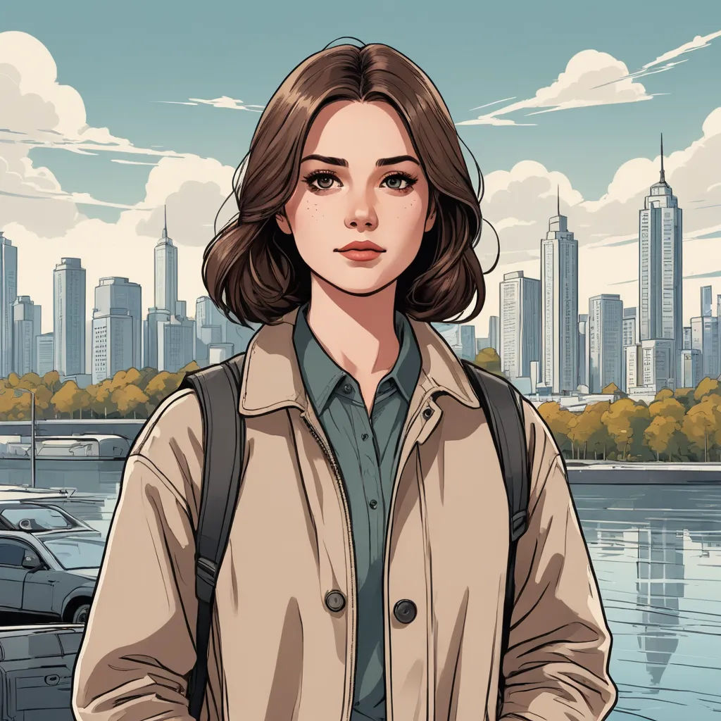 a woman standing in front of a city skyline with a backpack on her shoulder and a backpack on her shoulder, serial art, a character portrait, Eve Ryder, city background