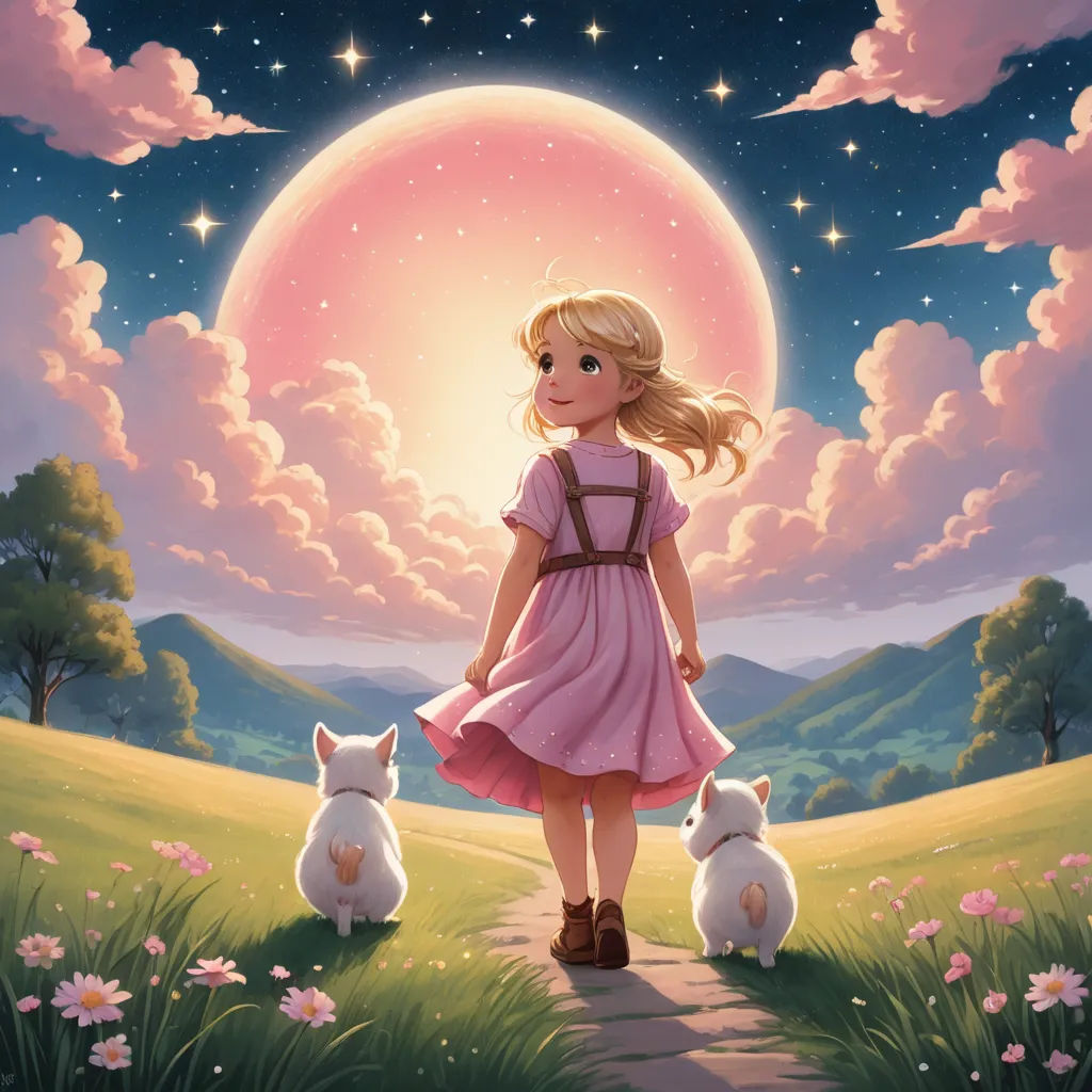 a girl in a pink dress standing on a path with two white rabbits in front of a pink moon, fantasy art, a storybook illustration, Aaron Jasinski, official art