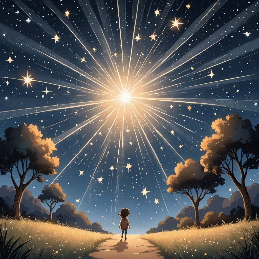 a person standing on a path under a star filled sky with stars above them and trees on either side, space art, a storybook illustration, Dan Mumford, stars
