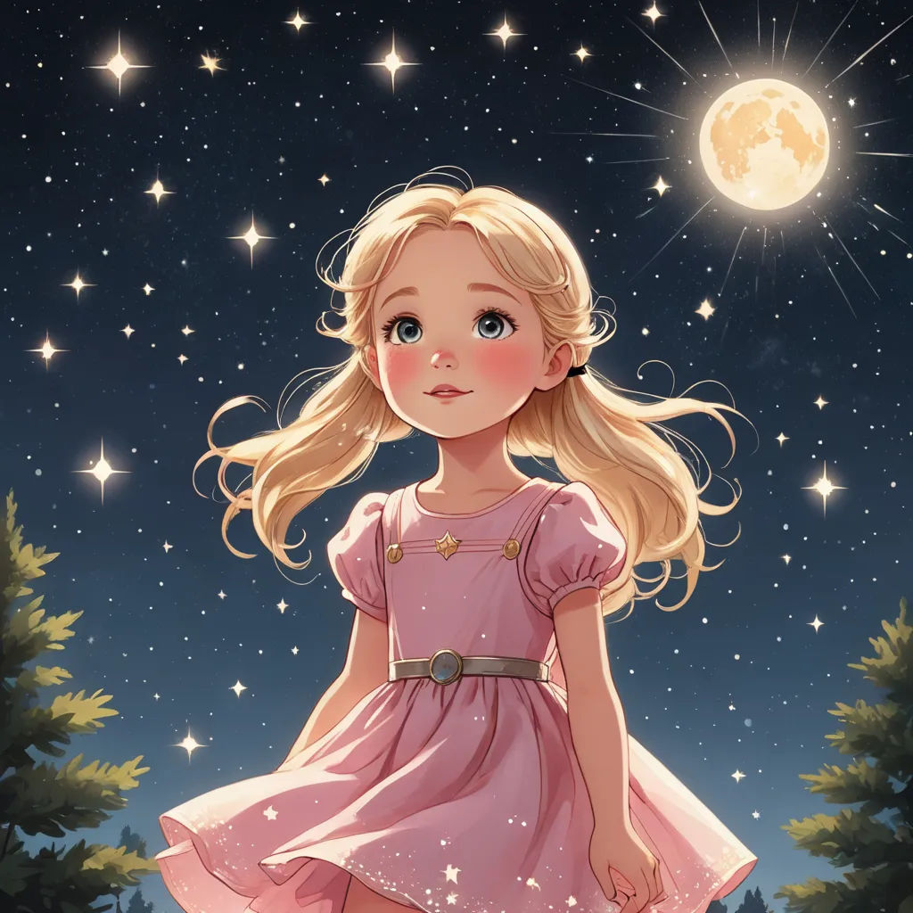 a little girl in a pink dress standing in the grass under a full moon and stars sky with trees, space art, a storybook illustration, Alice Prin, storybook illustration