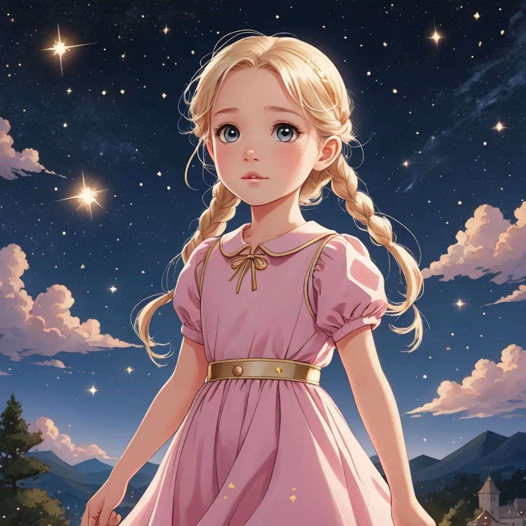 a girl in a pink dress standing in front of a night sky with stars and a castle in the background, space art, a storybook illustration, Cliff Childs, trending on art station