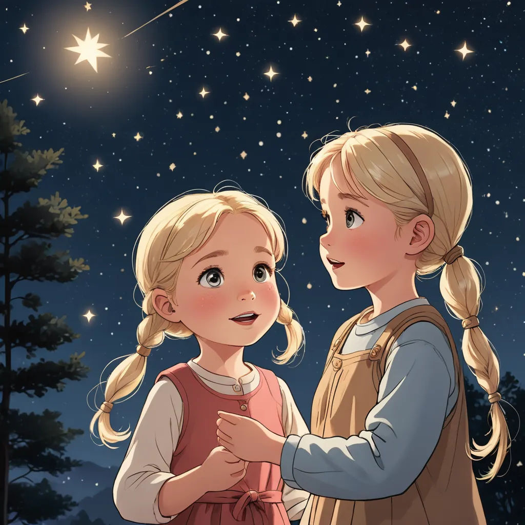a couple of kids standing next to each other under a night sky with stars on it and a tree, space art, a storybook illustration, Cliff Childs, stars