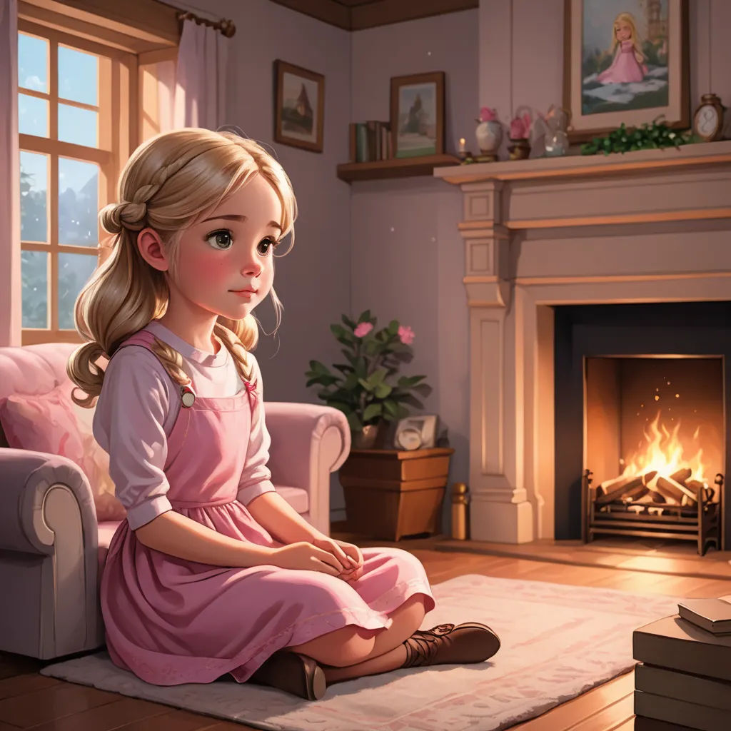 a girl sitting on a chair in front of a fireplace in a living room with a pink dress and brown shoes, american scene painting, a storybook illustration, Colin Middleton, storybook illustration