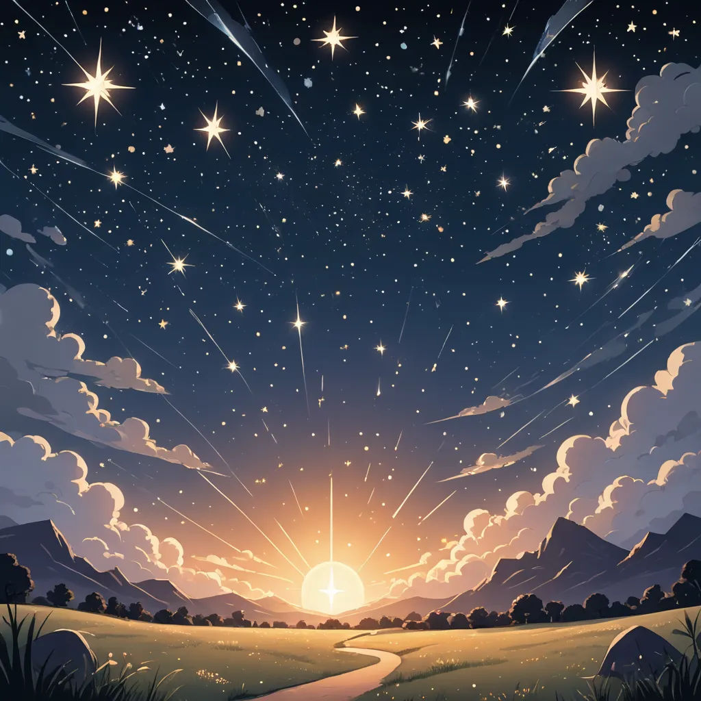 a painting of a night sky with stars and a path leading to a bright sun in the distance with a mountain in the background, space art, a storybook illustration, Dan Mumford, stars