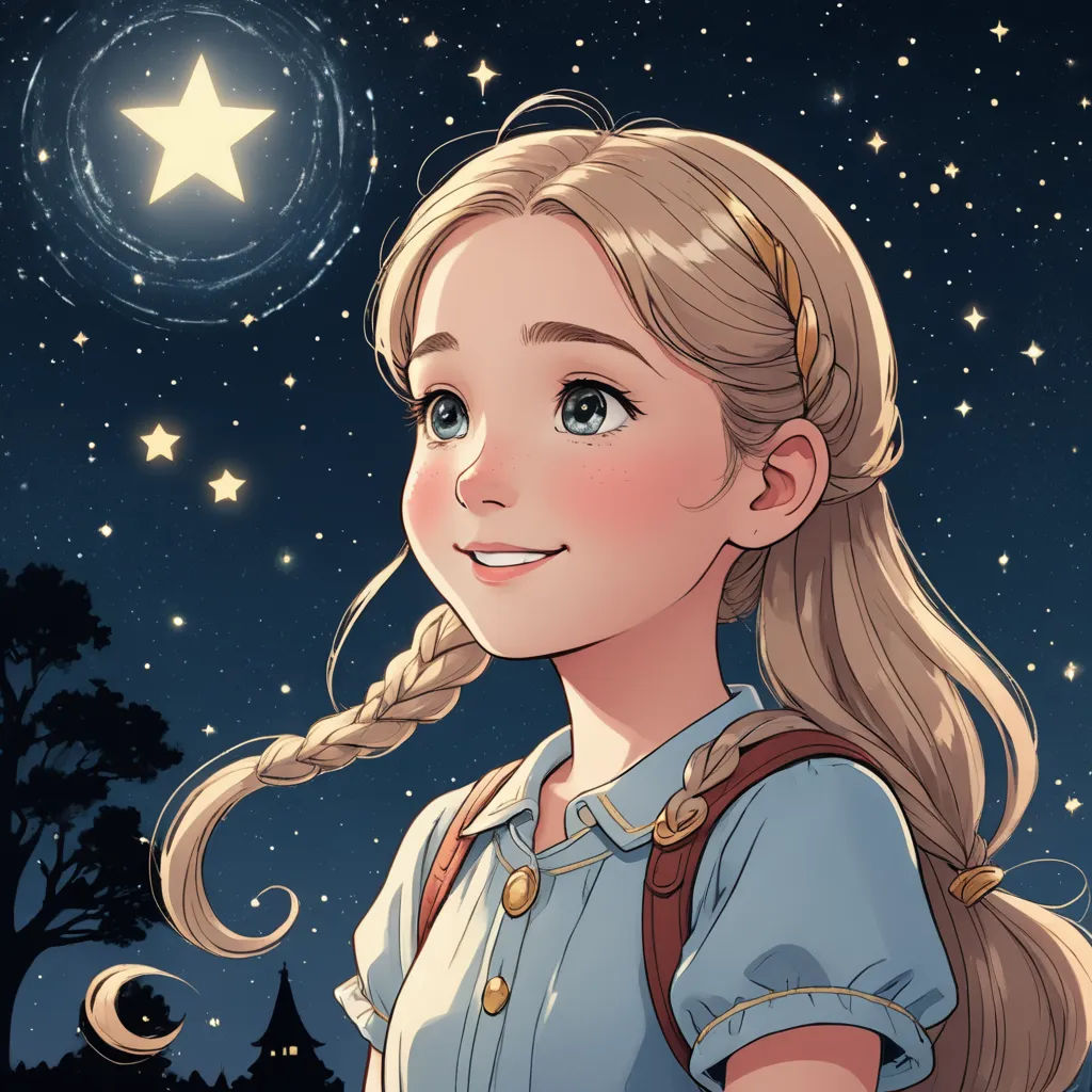 a cartoon girl with a braid and a star in the sky behind her is looking at the camera and smiling, space art, a storybook illustration, Alice Prin, rossdraws global illumination