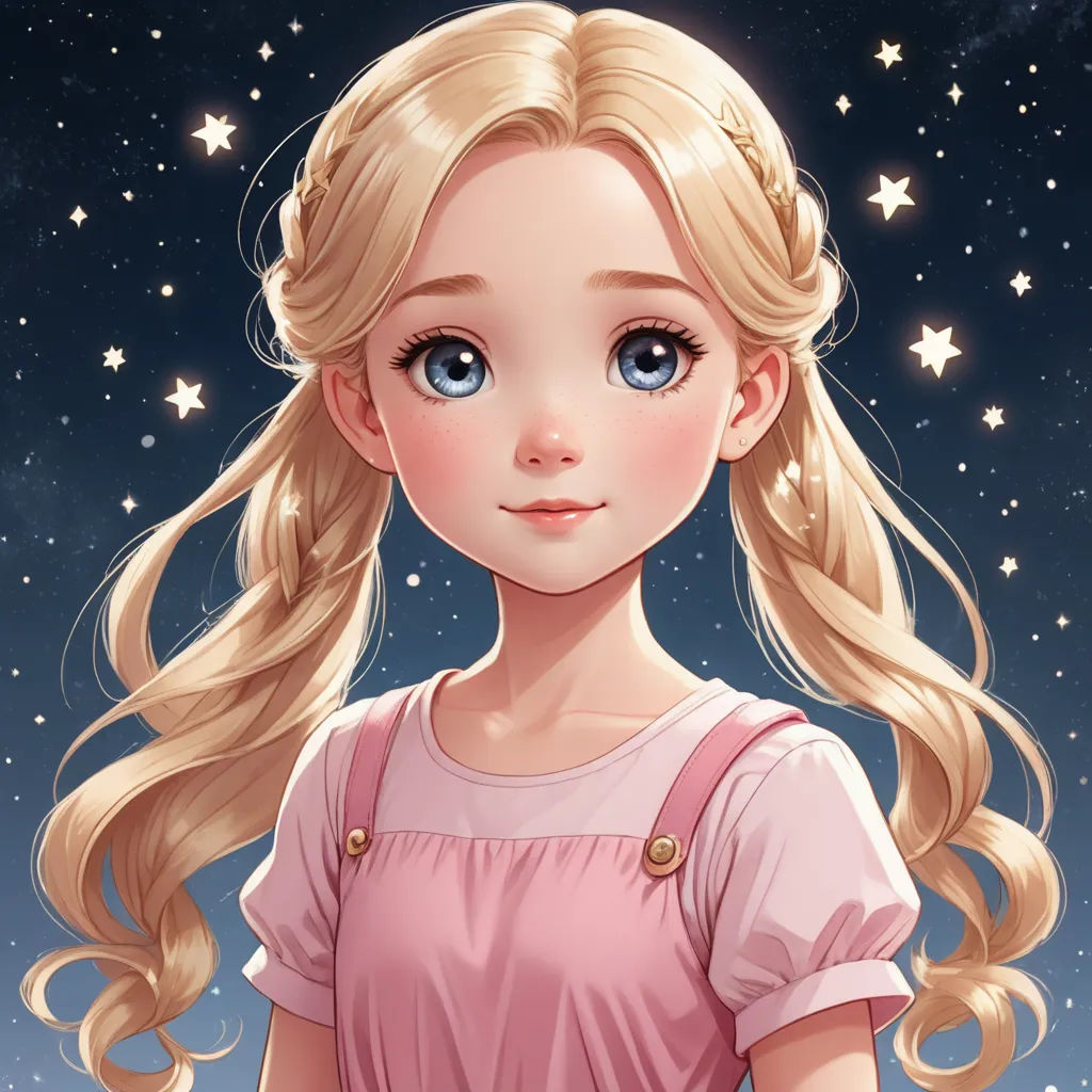 a cartoon girl with long blonde hair and blue eyes, wearing a pink dress and a pink dress with stars in the background, fantasy art, a character portrait, Alice Prin, anime girl