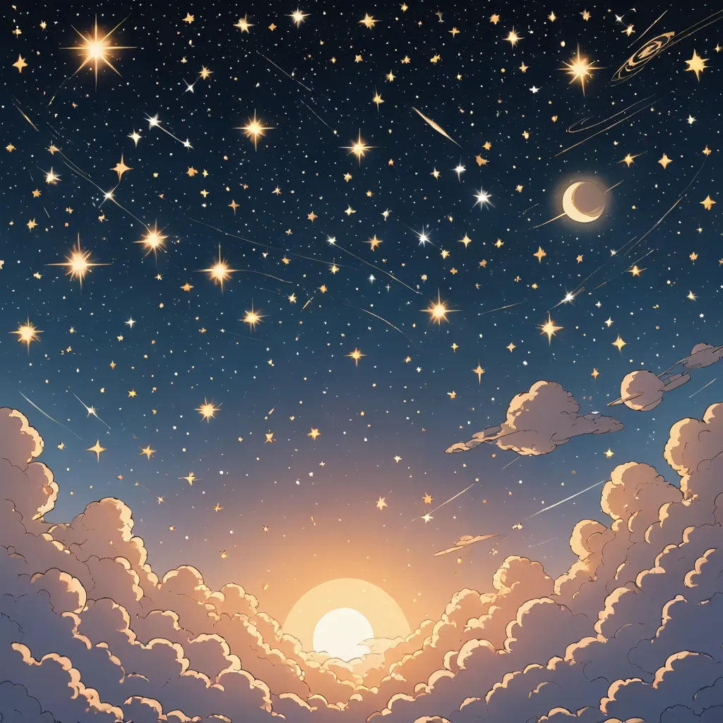 a painting of a night sky with stars and clouds and a full moon in the distance with a bright orange glow, space art, a detailed drawing, Chris LaBrooy, night sky