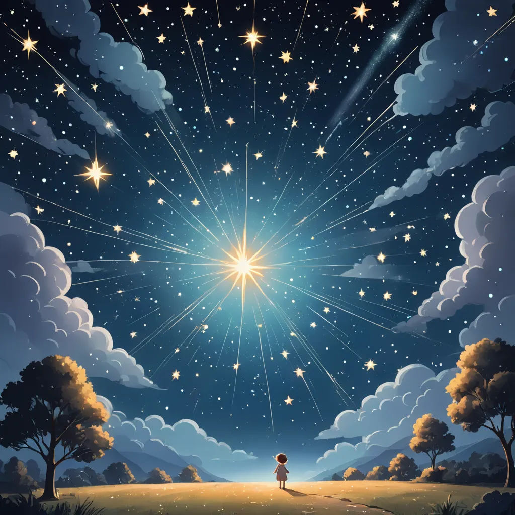 a painting of a person standing on a field under a star filled sky with stars above them and a person standing on a hill below, space art, a storybook illustration, Cyril Rolando, stars