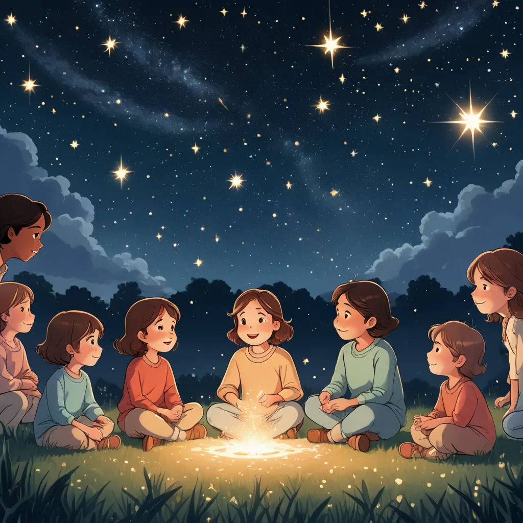 a group of children sitting on the ground in front of a fire pit at night with stars in the sky, space art, a storybook illustration, Diego Gisbert Llorens, storybook illustration