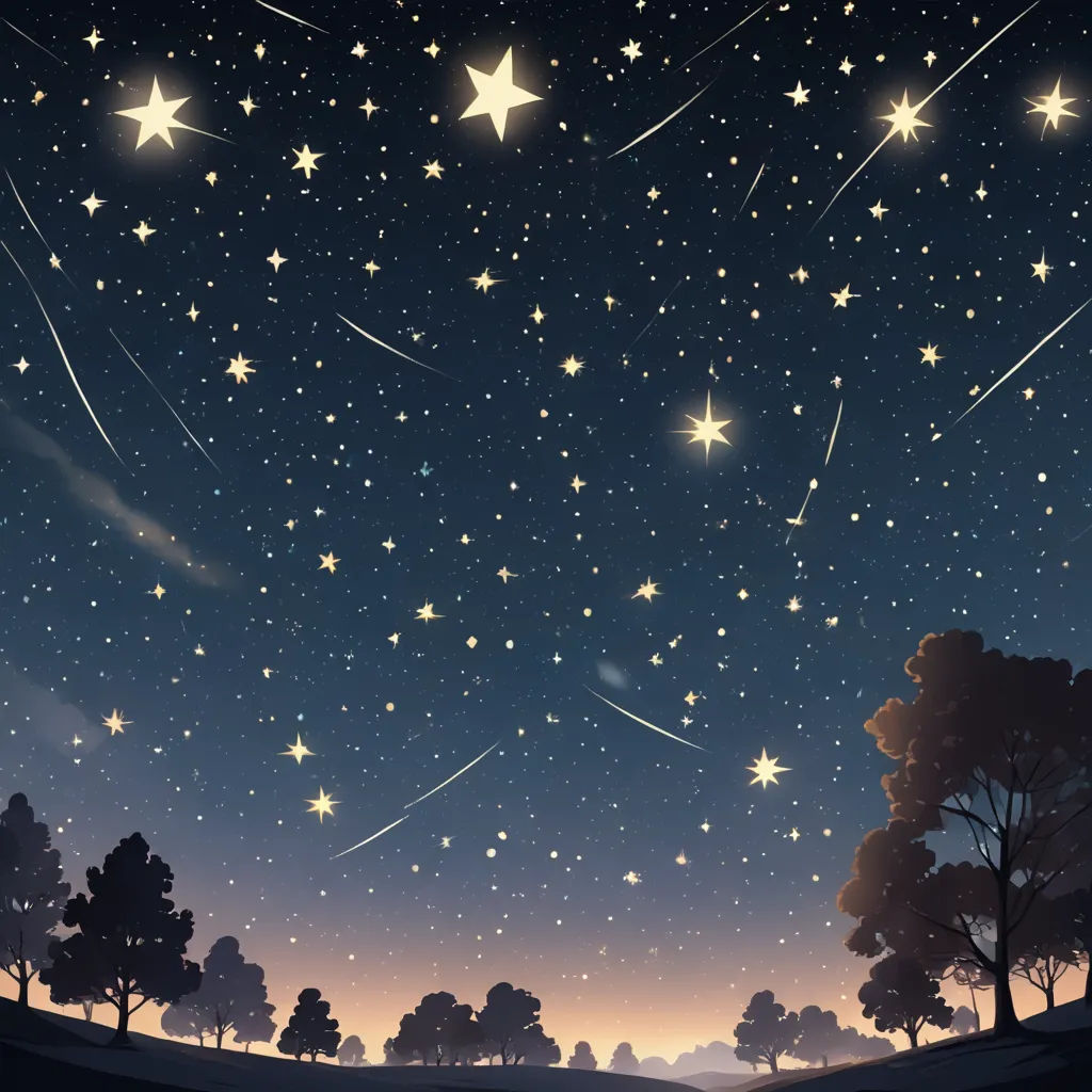 a night sky with stars and trees in the foreground and a distant sky with stars in the background, space art, a storybook illustration, David Martin, stars