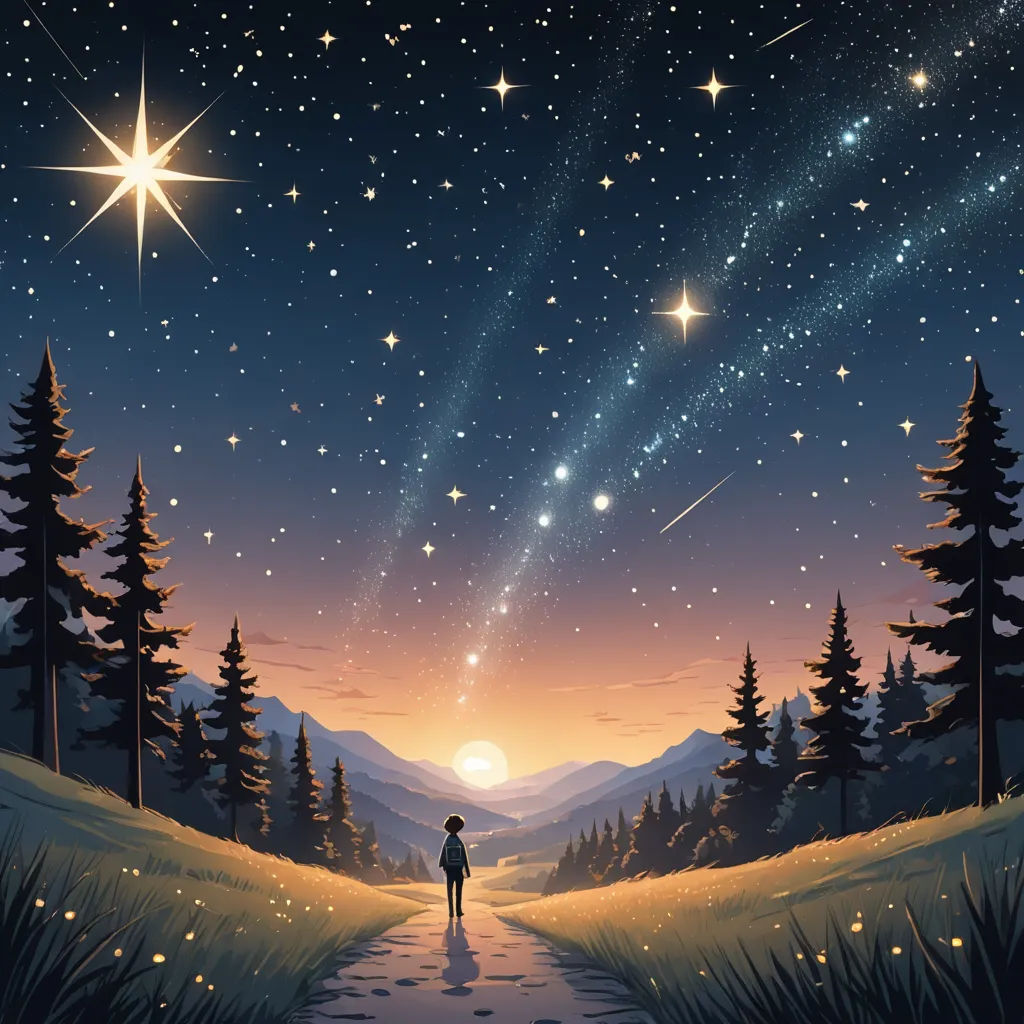 a person standing on a path under a night sky with stars and a shooting star above them, with a person standing on the path, space art, a storybook illustration, Dan Mumford, stars