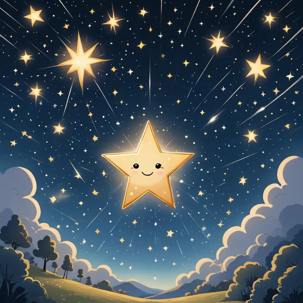 a cartoon star with a smiling face in the sky with stars above it and a hill below it with trees and clouds, space art, a storybook illustration, Diego Gisbert Llorens, stars