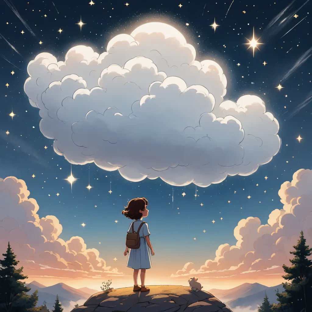 a girl standing on a hill looking at a cloud in the sky with stars above her and a deer in the foreground, space art, a storybook illustration, Atey Ghailan, storybook illustration