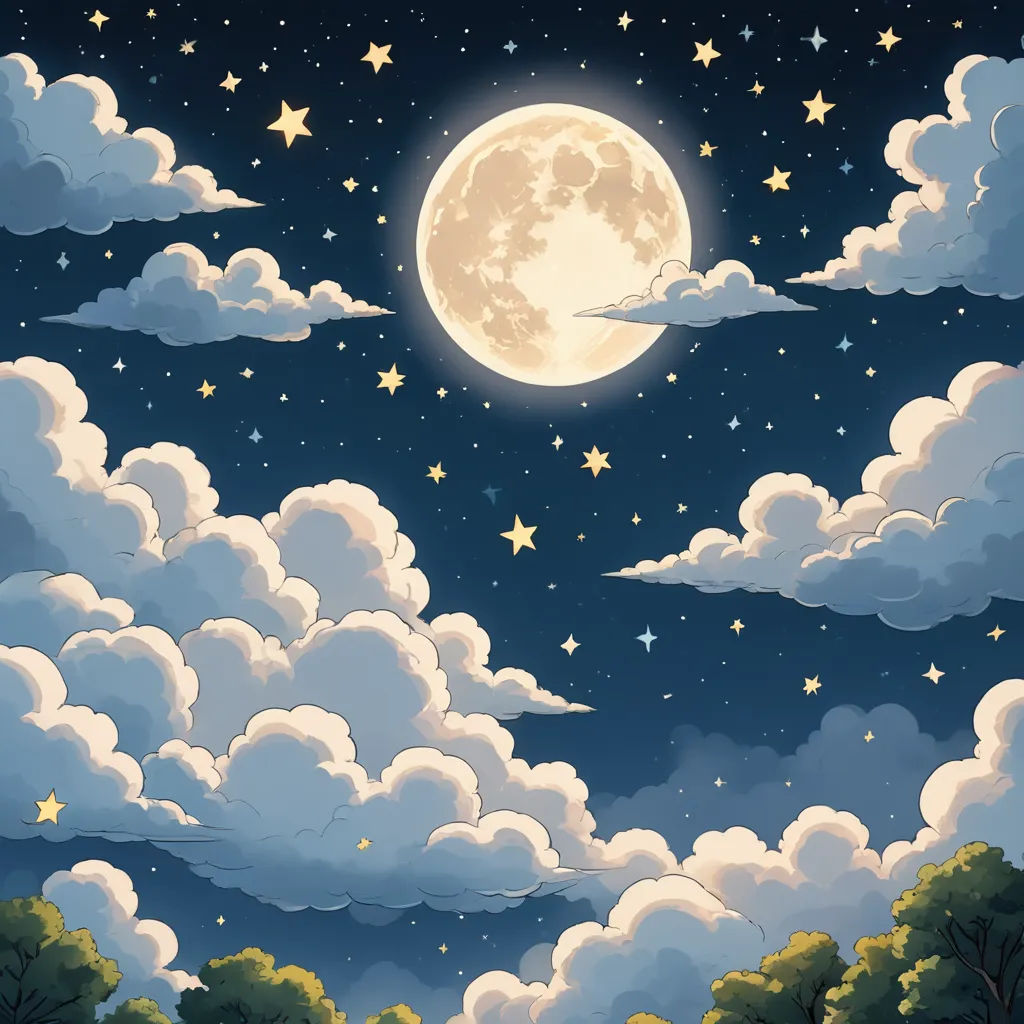 a painting of a night sky with stars and clouds and a full moon in the background with a few clouds, space art, a storybook illustration, Chris LaBrooy, night sky
