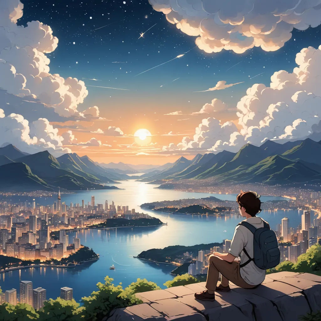 a person sitting on a ledge looking at a city and a lake at night with a bright sun in the sky, rayonism, a matte painting, Cyril Rolando, city background