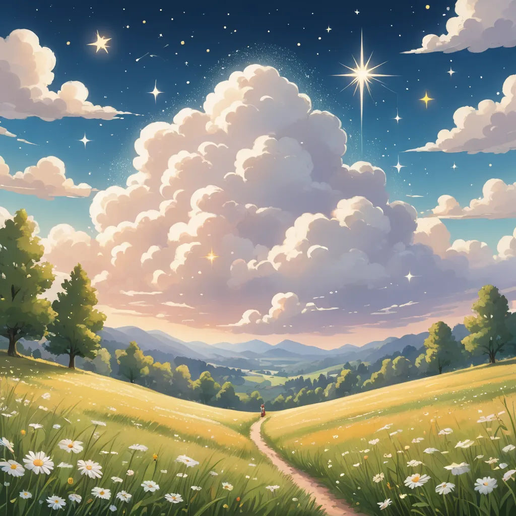 a painting of a path leading to a star filled sky with stars above it and a field of flowers, magical realism, a detailed matte painting, Chris LaBrooy, sky