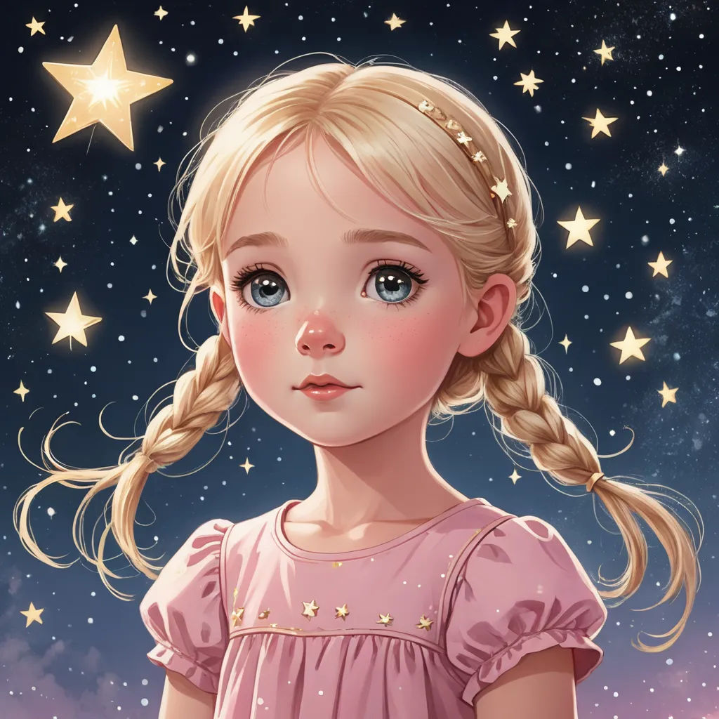 a little girl with a braid in her hair and stars in the sky behind her, looking at the camera, space art, a detailed painting, artist, stars