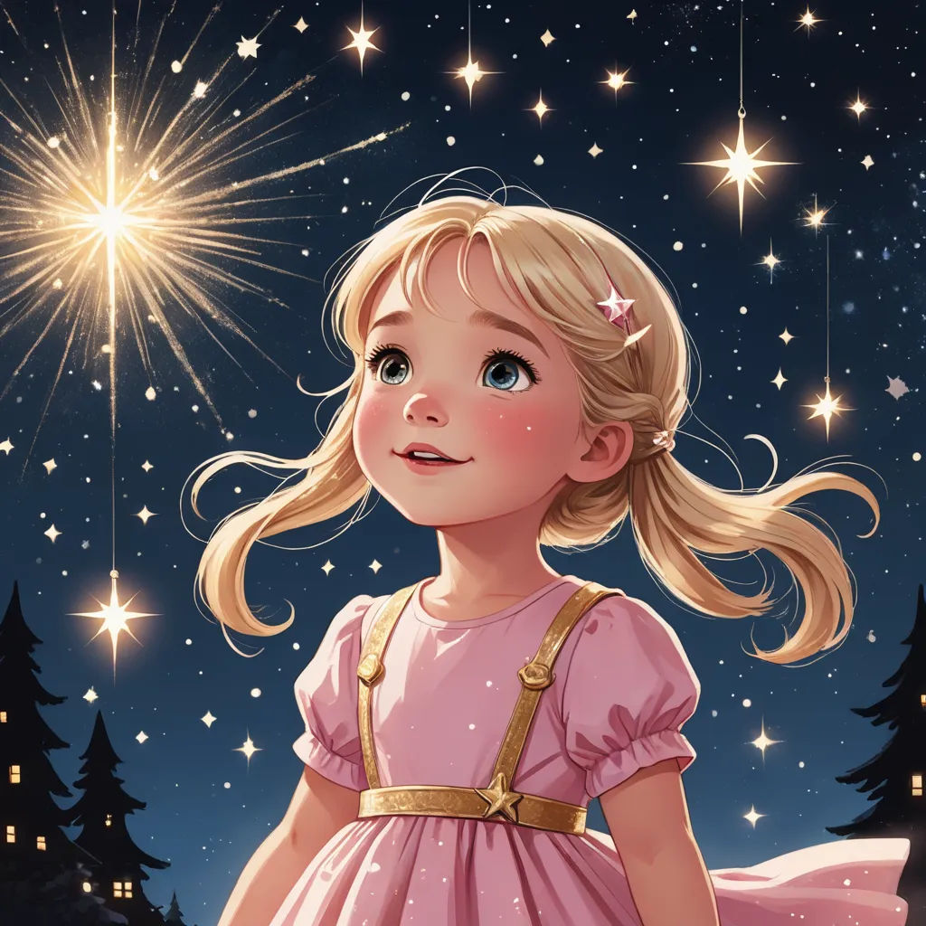 a little girl in a pink dress standing in front of a fireworks display with a star in the sky, space art, a storybook illustration, Cliff Childs, storybook illustration